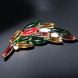 Multicolor Rhinestone Cabochon Leaf Open Back Brooch Silver Tone Signed Paris